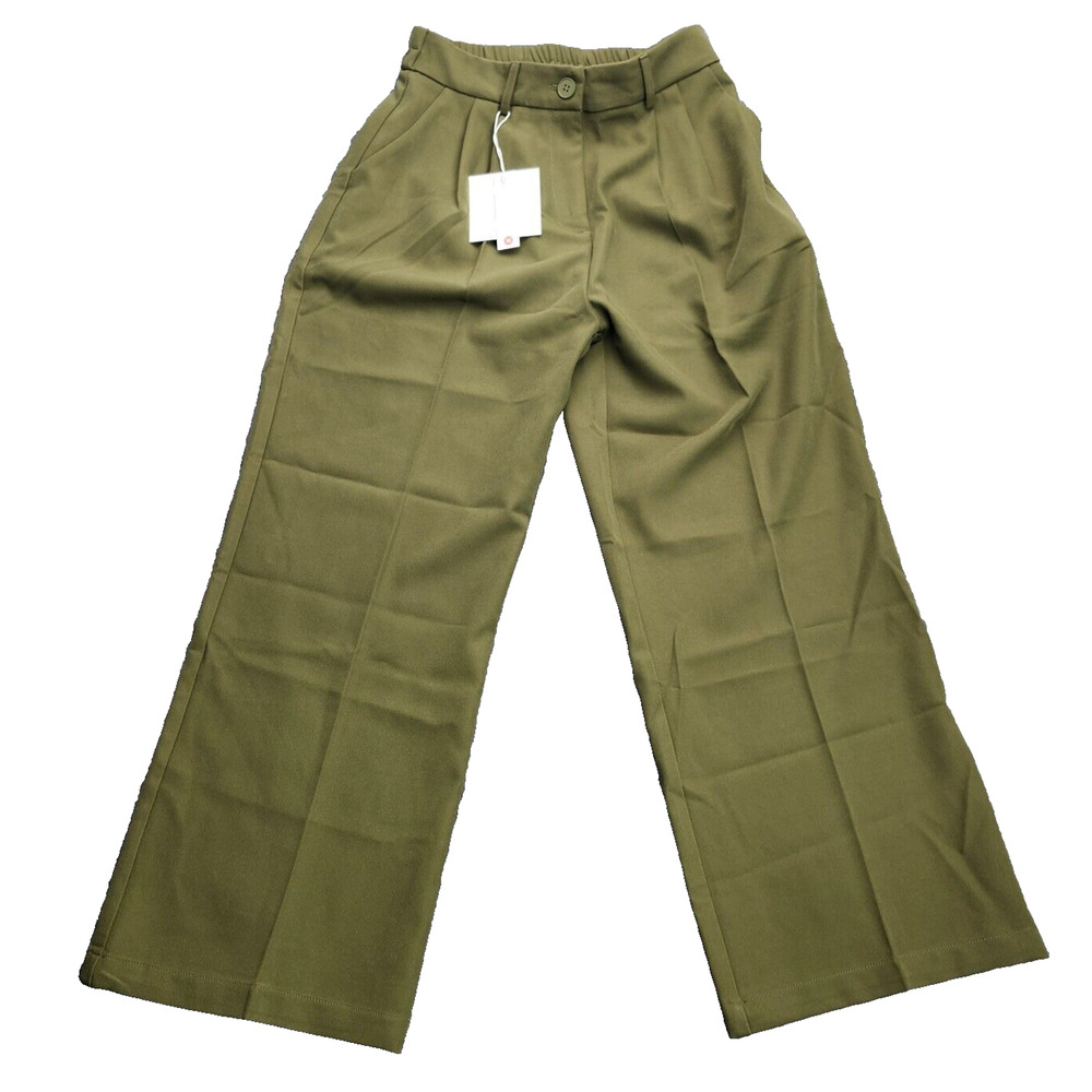 Decivi Women Loose Pleated Front Long Pants Wide Leg Trousers Solid Green Medium